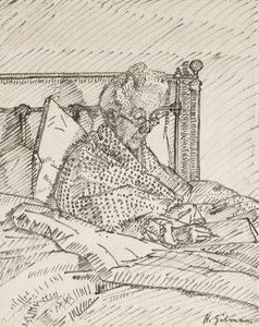 Muotokuva taiteilijan äidistä kirjoittamassa sängyssä (ruokokynä ja harmaa muste punaisella liidulla merkittyjen merkkien päällä) tekijältä Harold Gilman